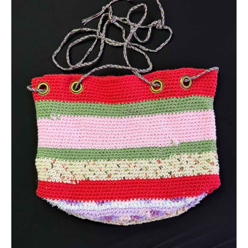 Handcrafted Crochet Bucket Bag Pink Green Striped Boho Drawstring Purse Whimsy - Picture 11 of 12